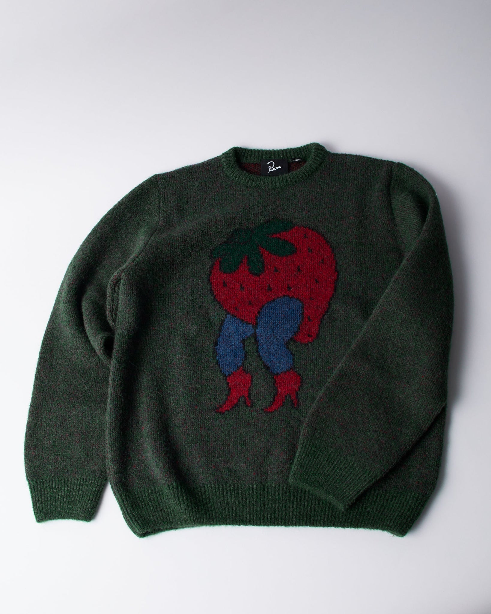 stupid strawberry knitted pullover hunter green